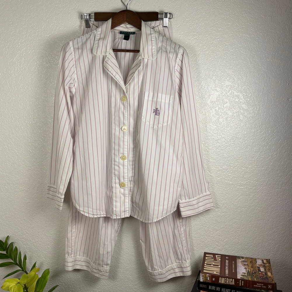Lauren Ralph Lauren Pajama Set Women L White Pink Excellent Striped Cotton